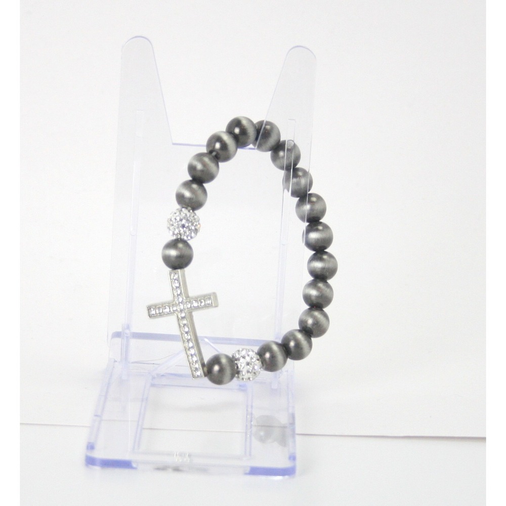 Gray Cat Eye Bead Stretch Bracelet Rhinestone Cross Charm Religious Jewelry